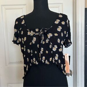Almost Famous Black Daisy Tie-Front Crop Top